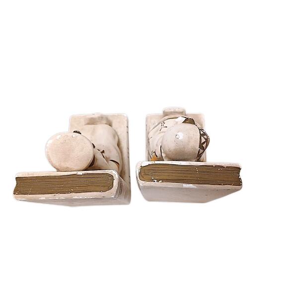 Bookend Set Dutch Boy & Girl Sitting on Books Ceramic Chalkware Nursery Children - Picture 8 of 12